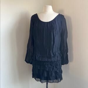 Tiered Drop Waist Dress Womens Sz 4 Black Mini Sheer Sleeve LBD